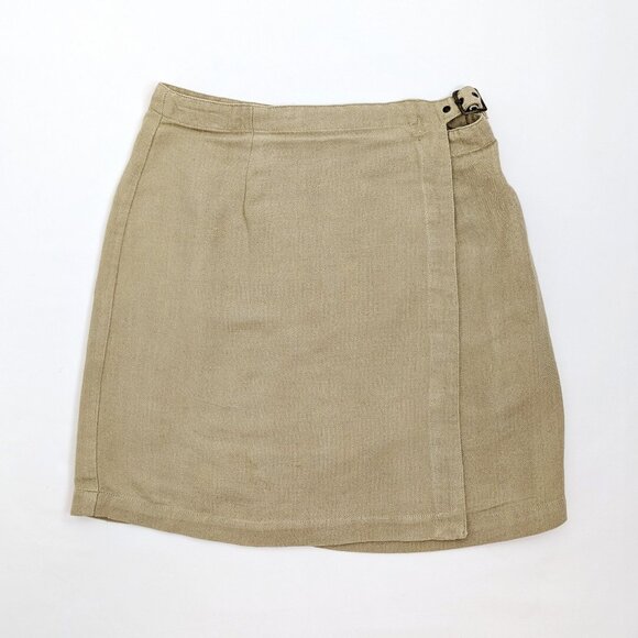 VTG 00s Y2K Gap Tan Beige Linen Blend High Waisted A-Line Mini Wrap Skirt Size 2 - Picture 1 of 5